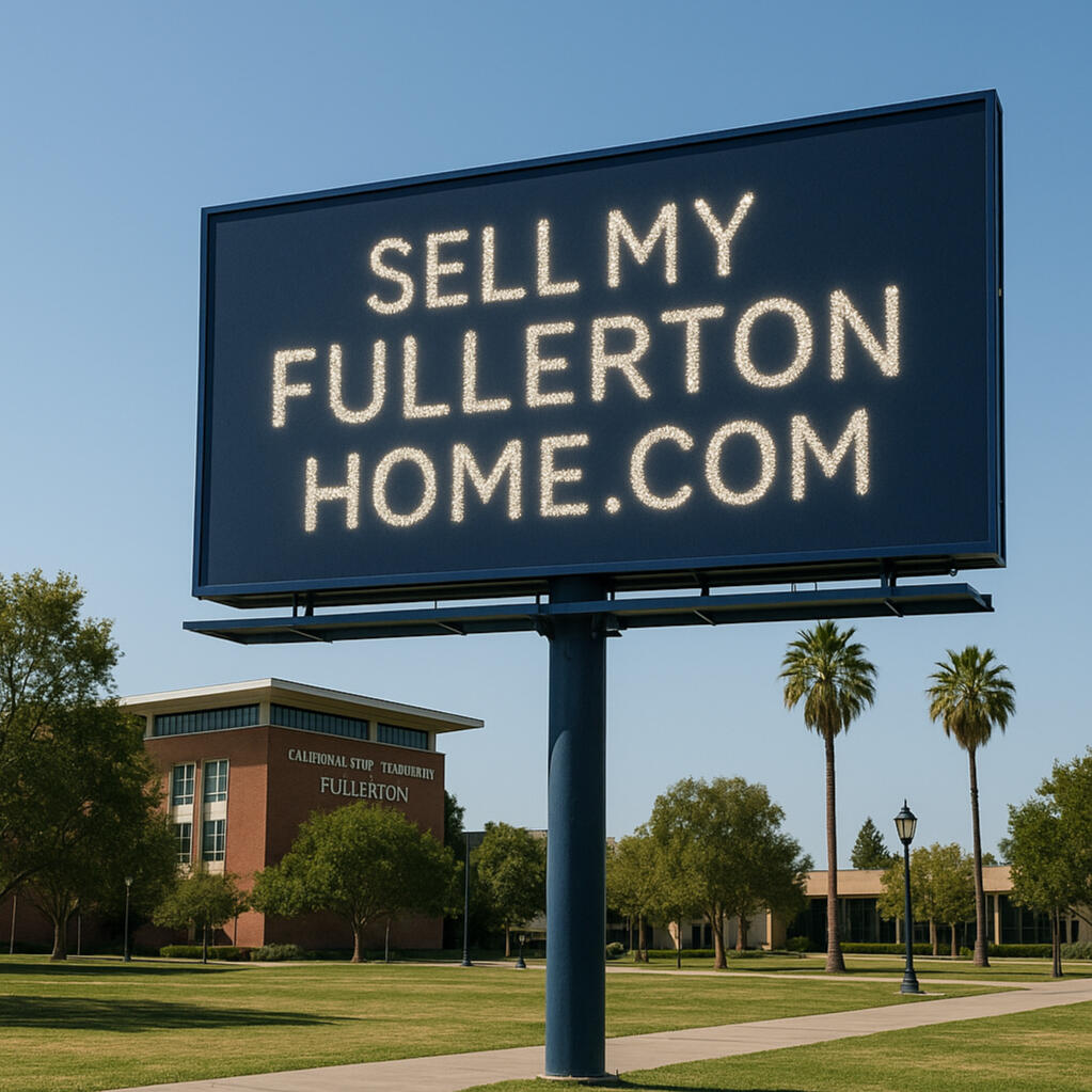 Daytime view of a large roadside billboard outside California State University, Fullerton, displaying the text “SellMyFullertonHome.com” in bold white letters. The scene includes the campus’s iconic red‑brick buildings, palm trees, and a bright blue sky, p